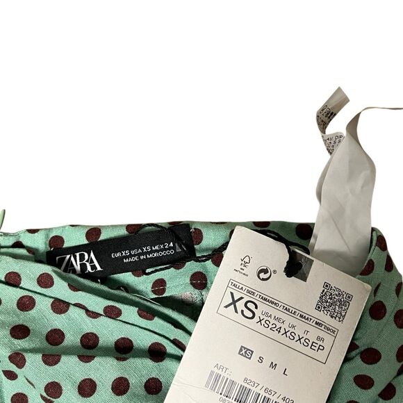 Zara Skirt WMNS XS Green Linen Polka Dot Slit Ruched Mini Pin Up Rockabilly Sexy - Picture 4 of 10